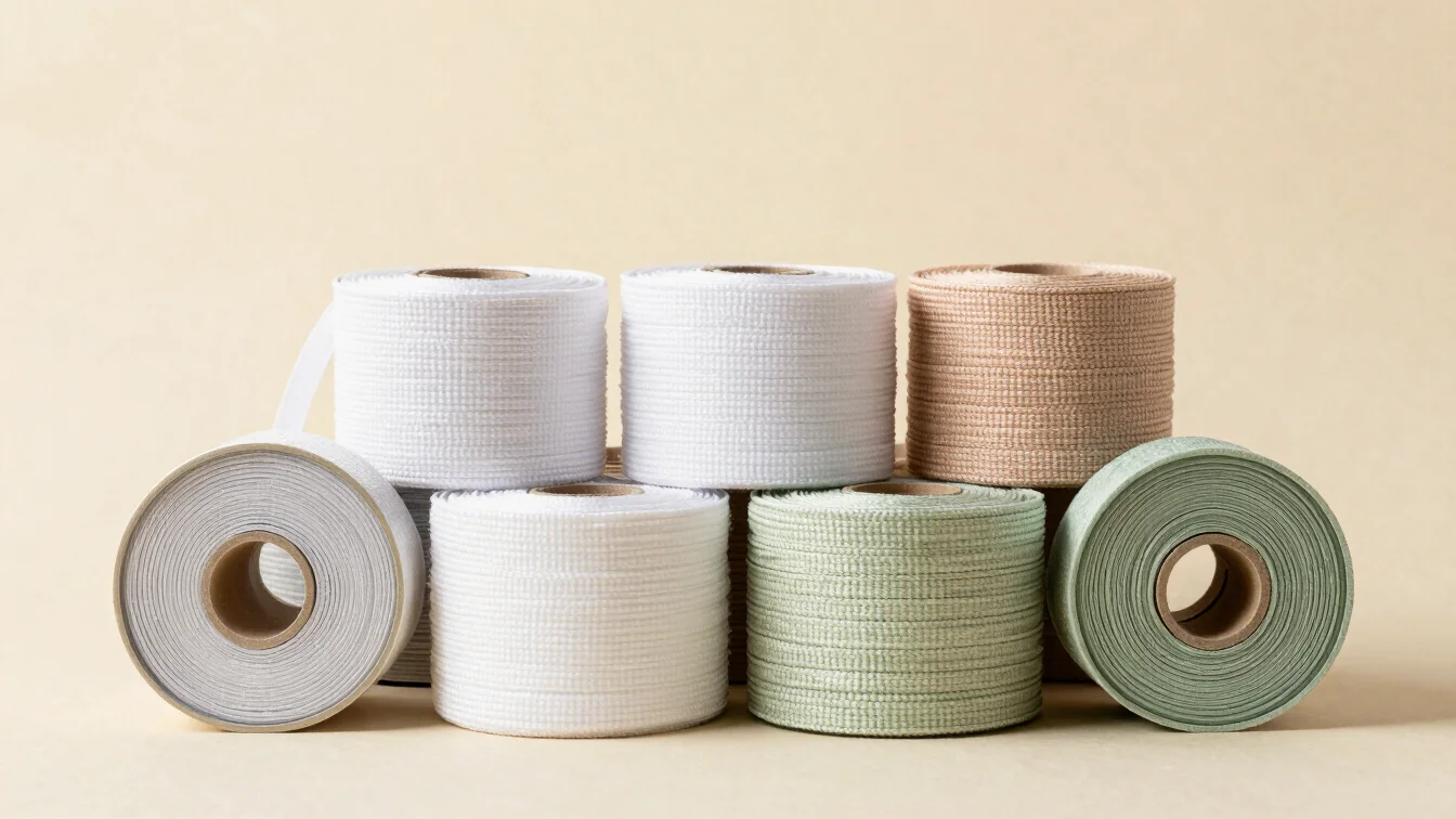 Close product photograph of several webbing rolls arranged by wid