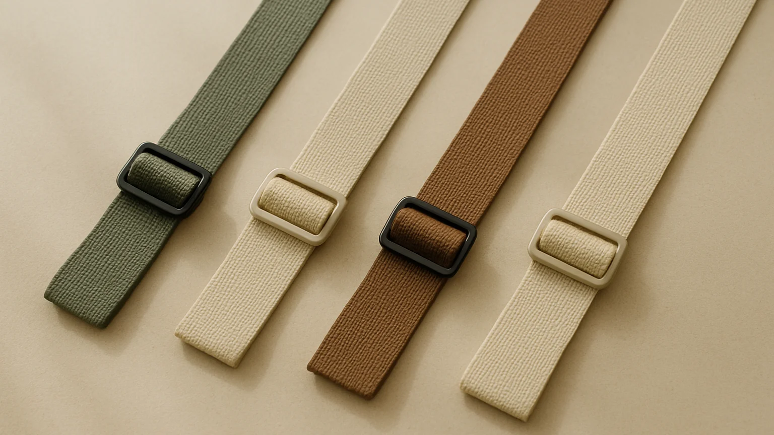 Editorial product photograph of neatly arranged webbing straps on