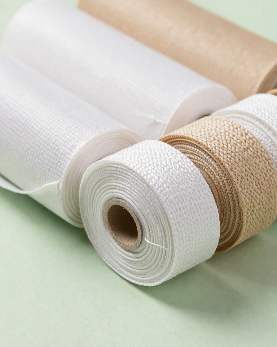 Editorial product photography of neatly rolled webbing in warm wh
