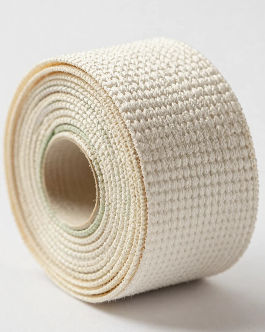 Editorial macro photograph of a rolled webbing strap with a visib